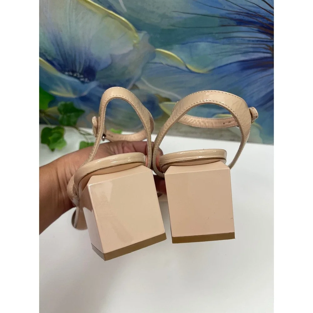 AGL Nude Patent Leather Square Toe Block Heel Sandals Size 39 / US 9